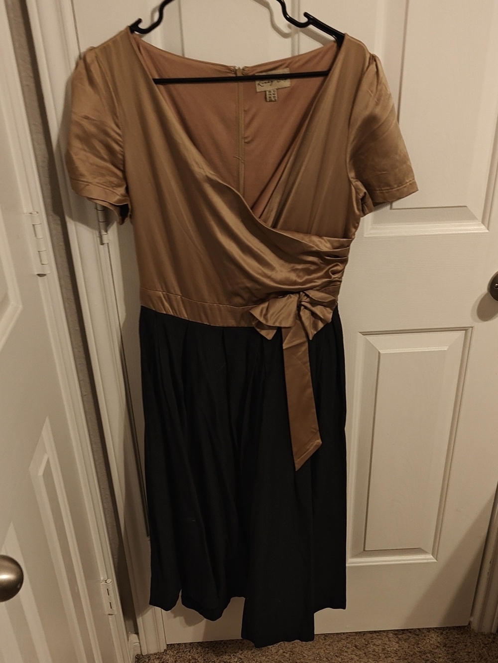 Lindy Bop Bronze Satin Wrap-Top Dress with Black Skirt